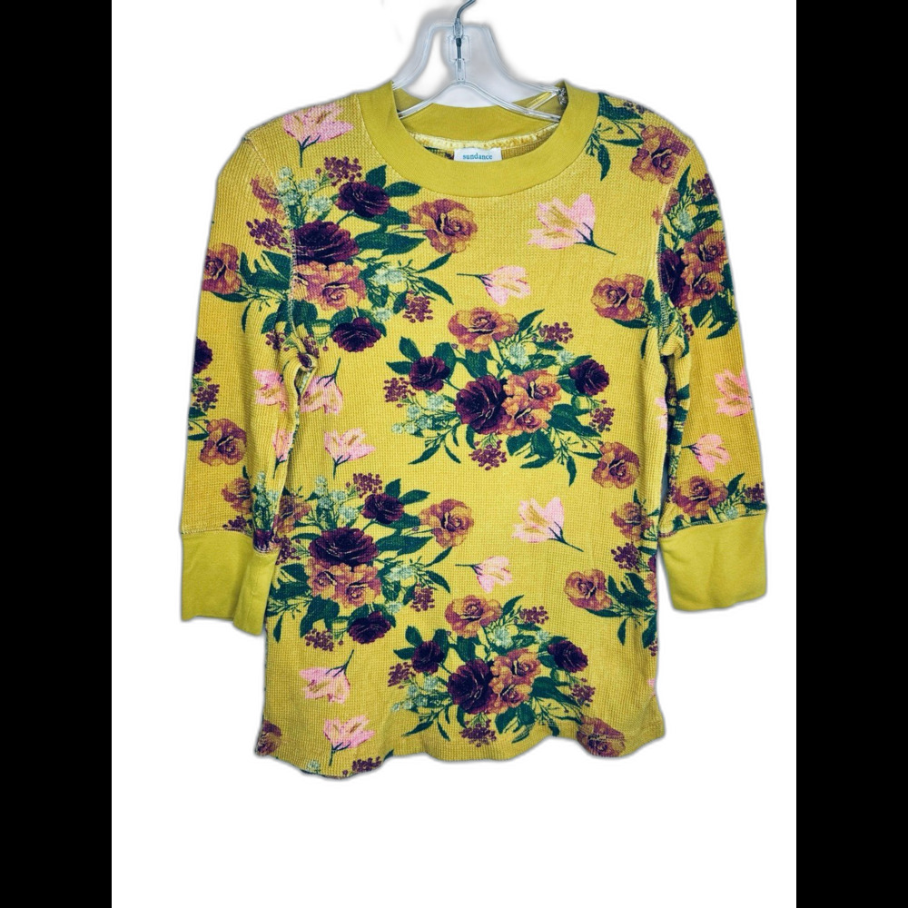 Sundance Size Small Yellow Three-Quarter Sleeve Thermal Top with Floral Print